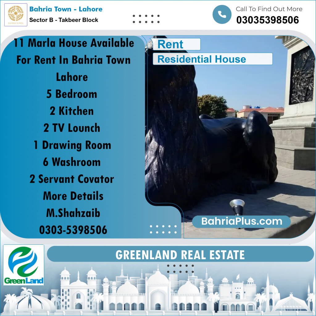 11 Marla Residential House for Rent in Sector B - Takbeer Block -  Bahria Town, Lahore - (BP-317655)