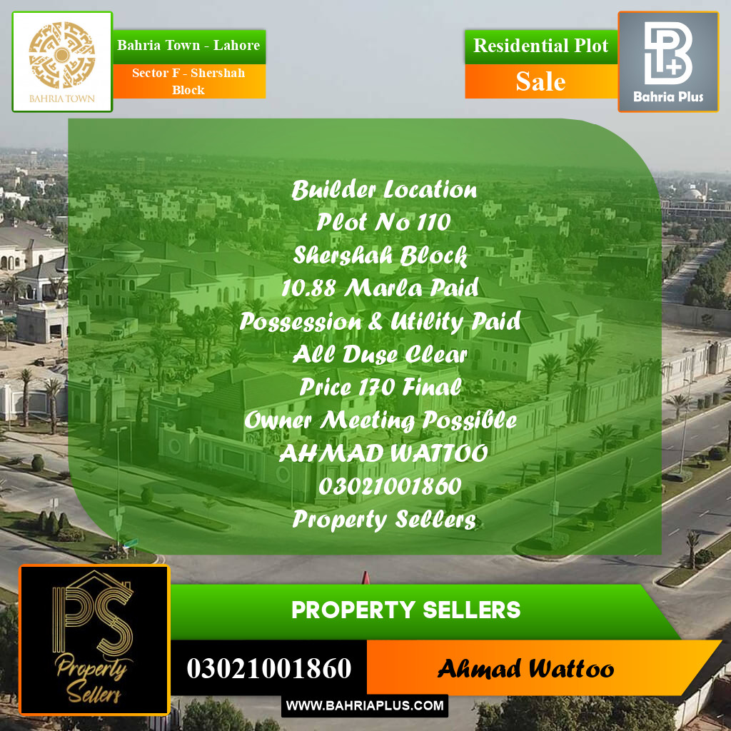 10 Marla Residential Plot for Sale in Sector F - Shershah Block -  Bahria Town, Lahore - (BP-318003)