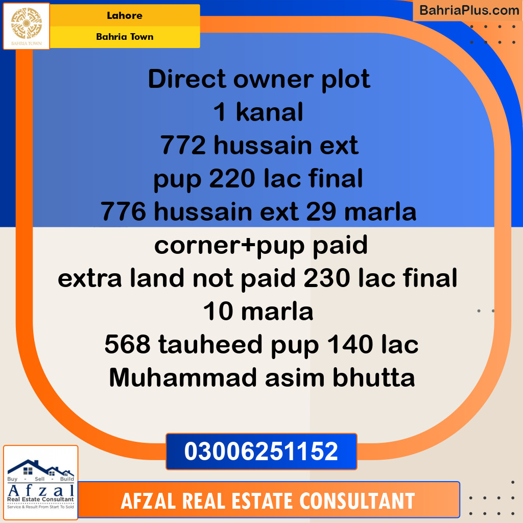 1 Kanal Residential Plot for Sale in Bahria Town, Lahore - (BP-318075)