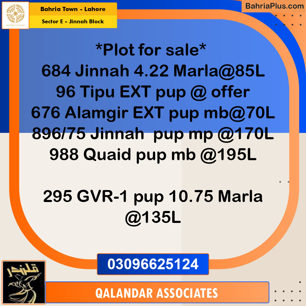 4.22 Marla Residential Plot for Sale in Sector E - Jinnah Block -  Bahria Town, Lahore - (BP-318086)