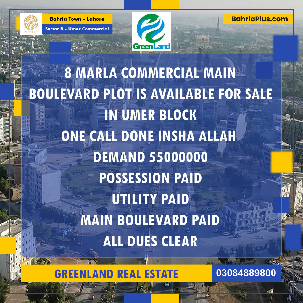 8 Marla Commercial Plot for Sale in Sector B - Umer Commercial -  Bahria Town, Lahore - (BP-318145)