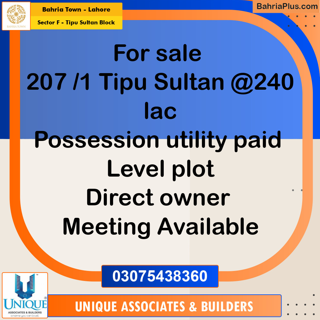 1 Kanal Residential Plot for Sale in Sector F - Tipu Sultan Block -  Bahria Town, Lahore - (BP-318194)