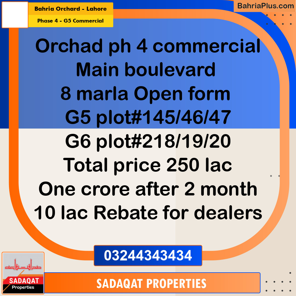 8 Marla Commercial Plot for Sale in Phase 4 - G5 Commercial -  Bahria Orchard, Lahore - (BP-318251)