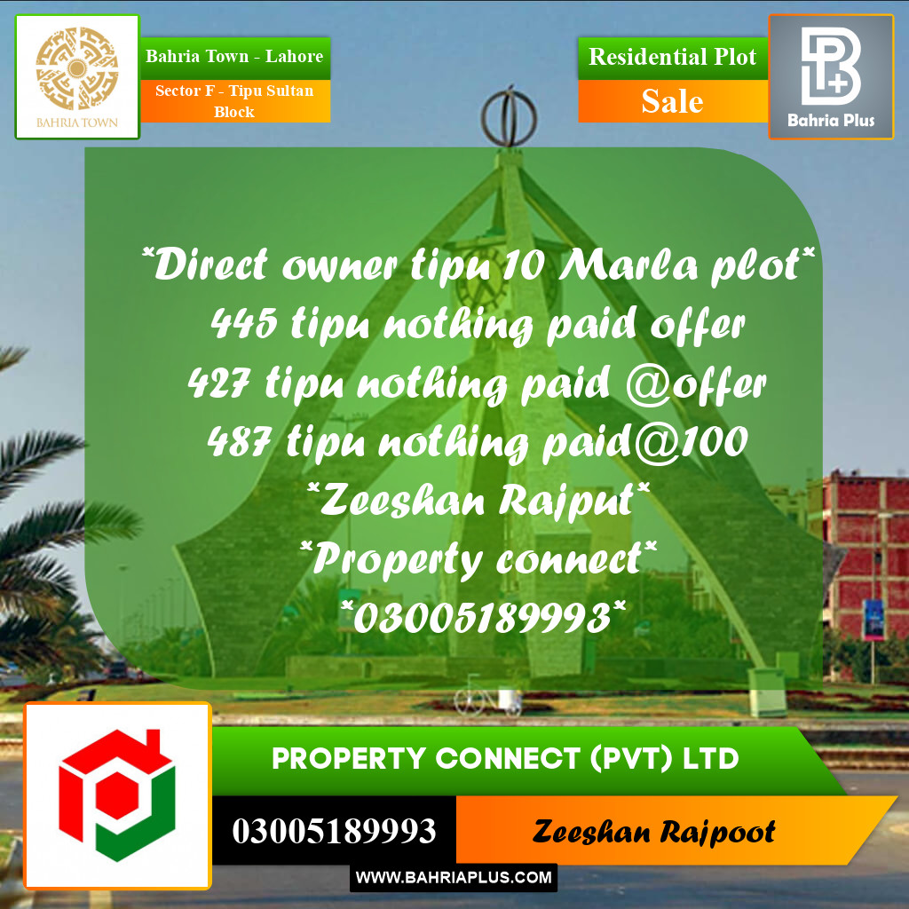 Residential Plot for Sale in Sector F - Tipu Sultan Block -  Bahria Town, Lahore - (BP-318312)