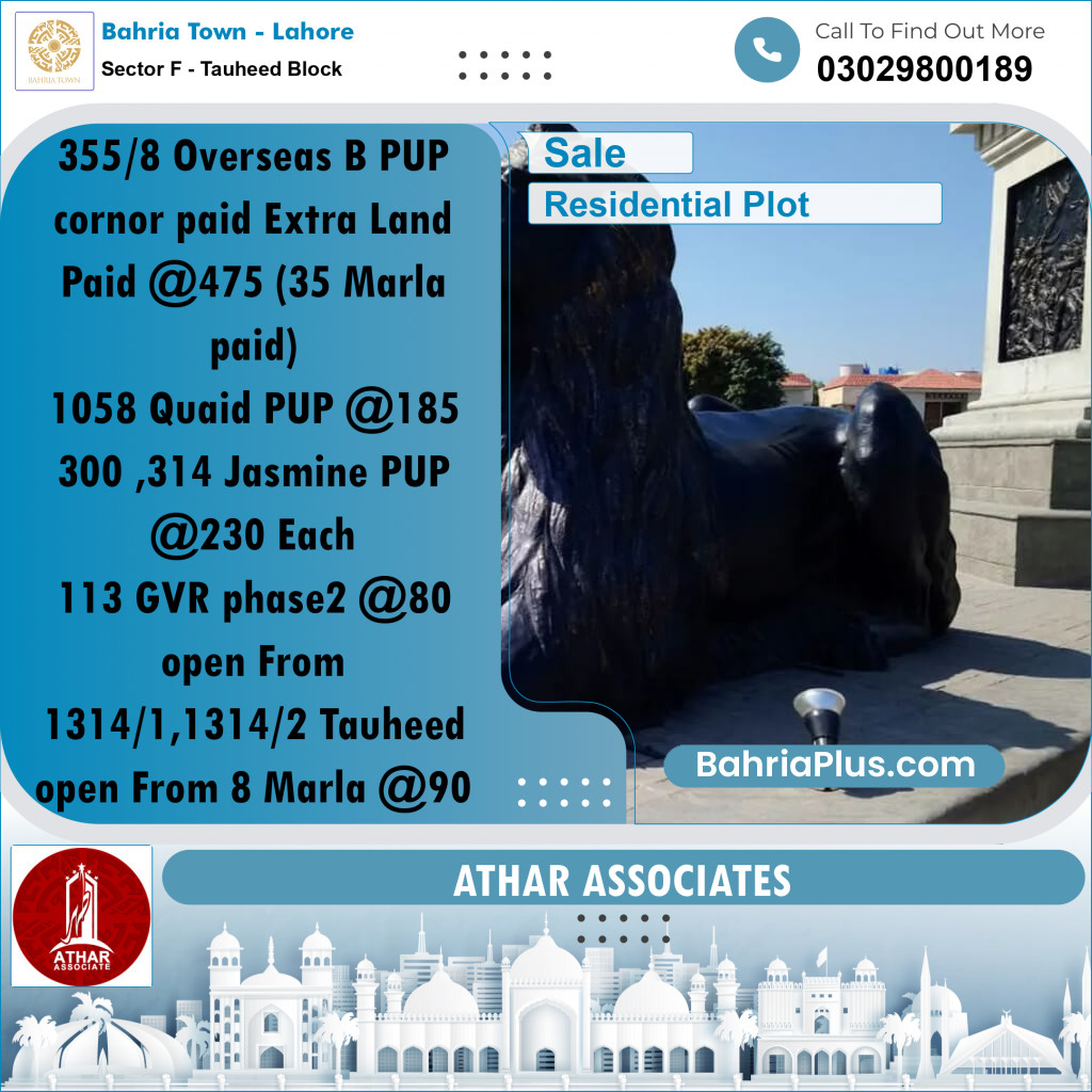 8 Marla Residential Plot for Sale in Sector F - Tauheed Block -  Bahria Town, Lahore - (BP-318325)