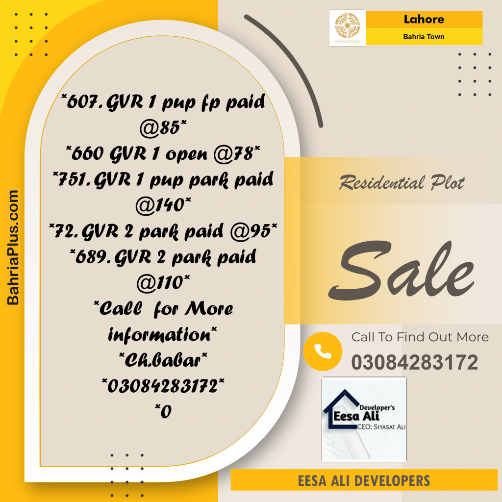 Residential Plot for Sale in Bahria Town, Lahore - (BP-318473)