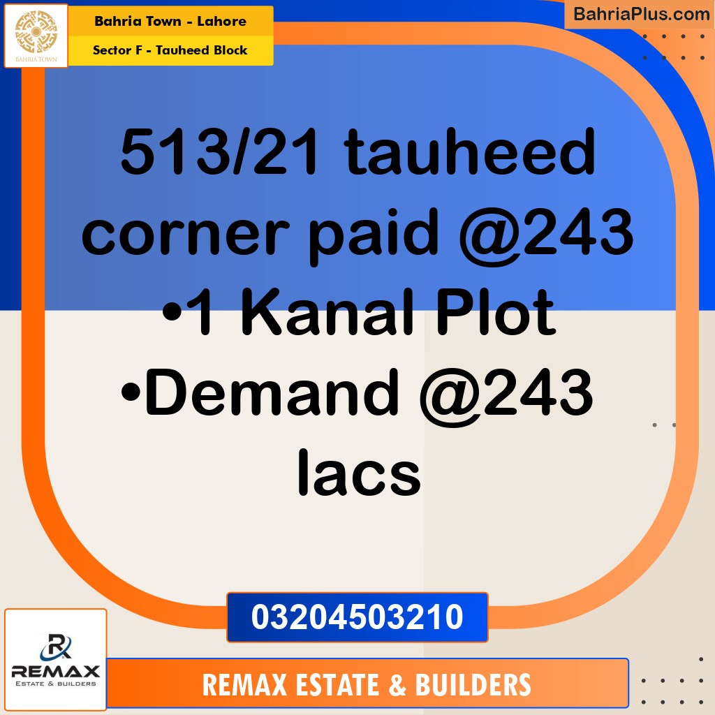 1 Kanal Residential Plot for Sale in Sector F - Tauheed Block -  Bahria Town, Lahore - (BP-318564)