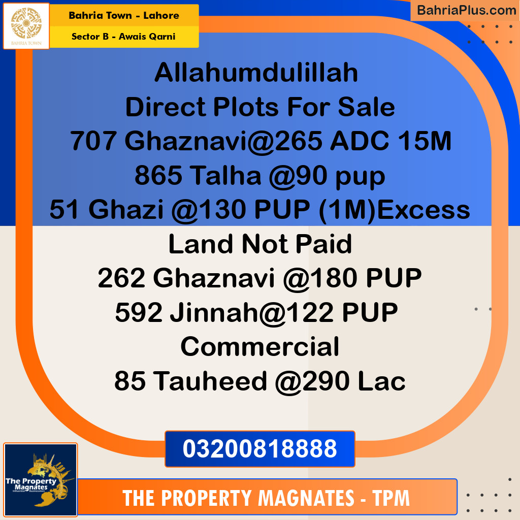 10 Marla Residential Plot for Sale in Sector B - Awais Qarni -  Bahria Town, Lahore - (BP-318606)