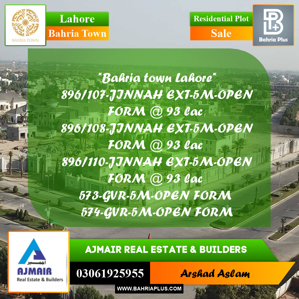 Residential Plot for Sale in Bahria Town, Lahore - (BP-318627)