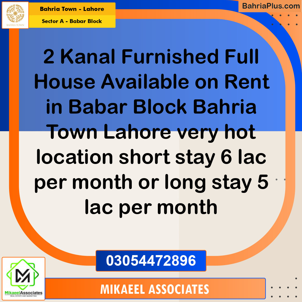 2 Kanal Residential House for Rent in Sector A - Babar Block -  Bahria Town, Lahore - (BP-319033)