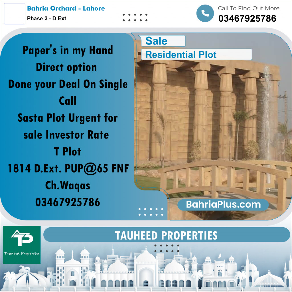 8 Marla Residential Plot for Sale in Phase 2 - D Ext -  Bahria Orchard, Lahore - (BP-319201)