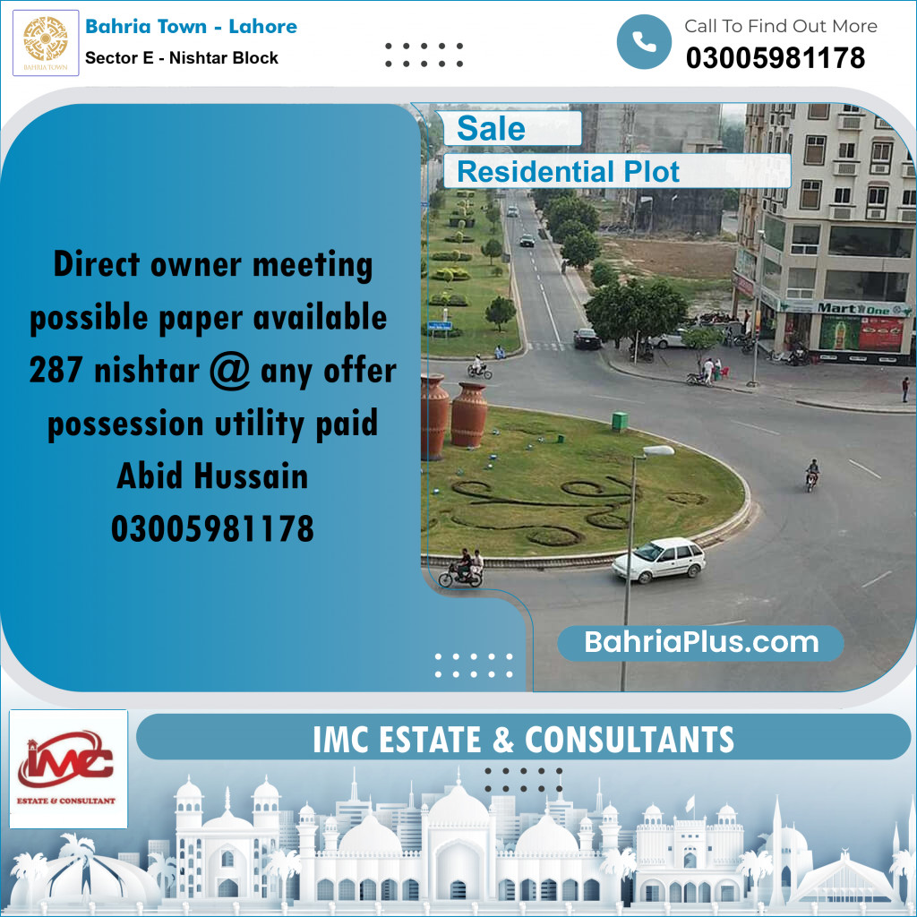 10 Marla Residential Plot for Sale in Sector E - Nishtar Block -  Bahria Town, Lahore - (BP-319270)