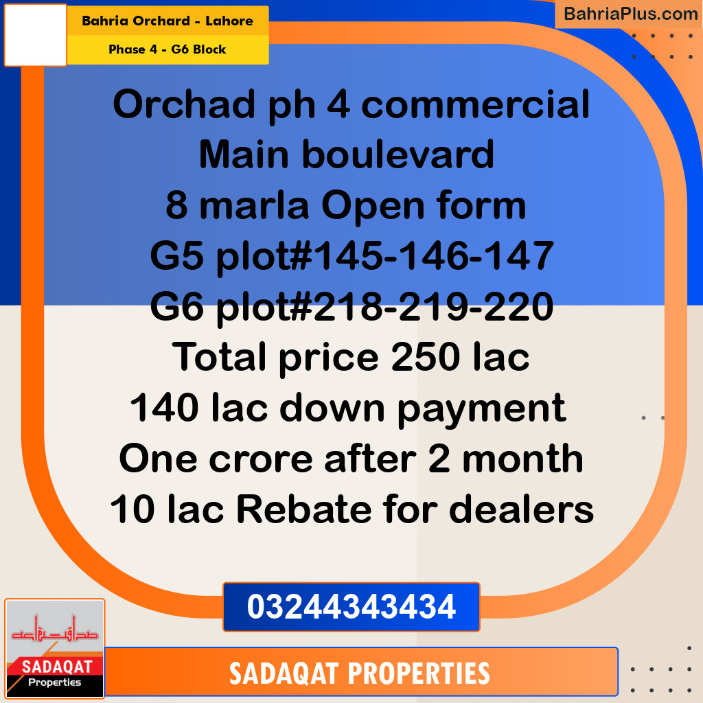 8 Marla Commercial Plot for Sale in Phase 4 - G6 Block -  Bahria Orchard, Lahore - (BP-319306)