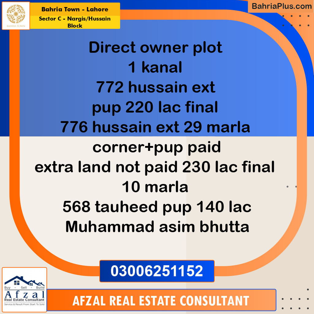 1 Kanal Residential Plot for Sale in Sector C - Nargis/Hussain Block -  Bahria Town, Lahore - (BP-319326)