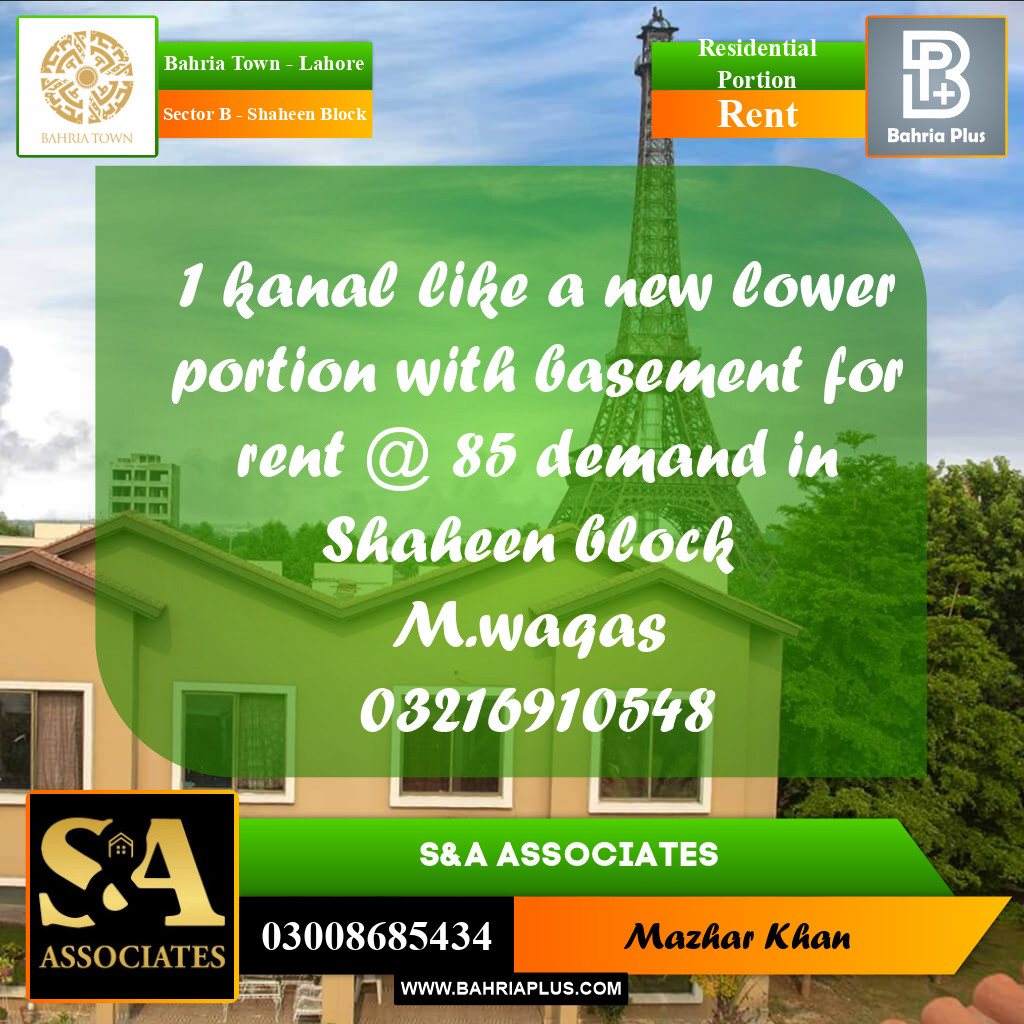 1 Kanal Residential Portion for Rent in Sector B - Shaheen Block -  Bahria Town, Lahore - (BP-319376)