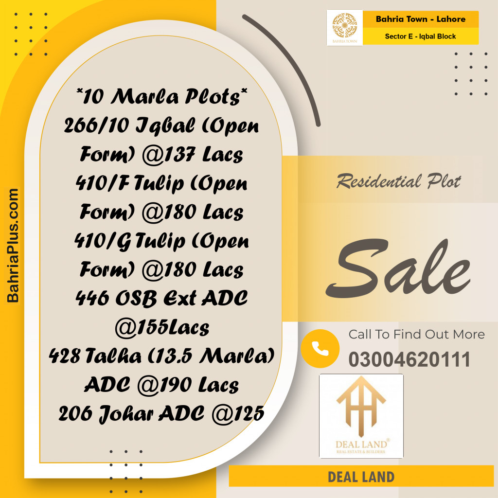 10 Marla Residential Plot for Sale in Sector E - Iqbal Block -  Bahria Town, Lahore - (BP-325922)