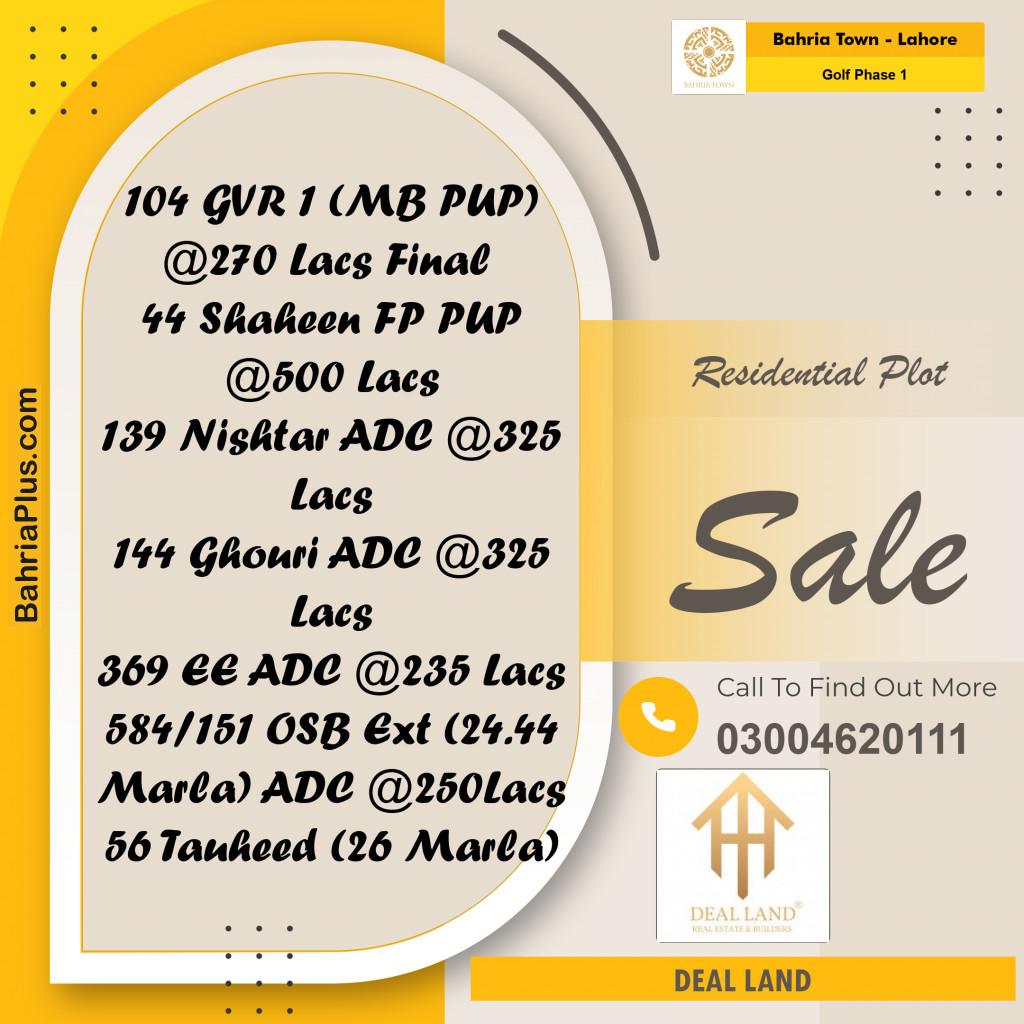 1 Kanal Residential Plot for Sale in Golf Phase 1 -  Bahria Town, Lahore - (BP-325925)