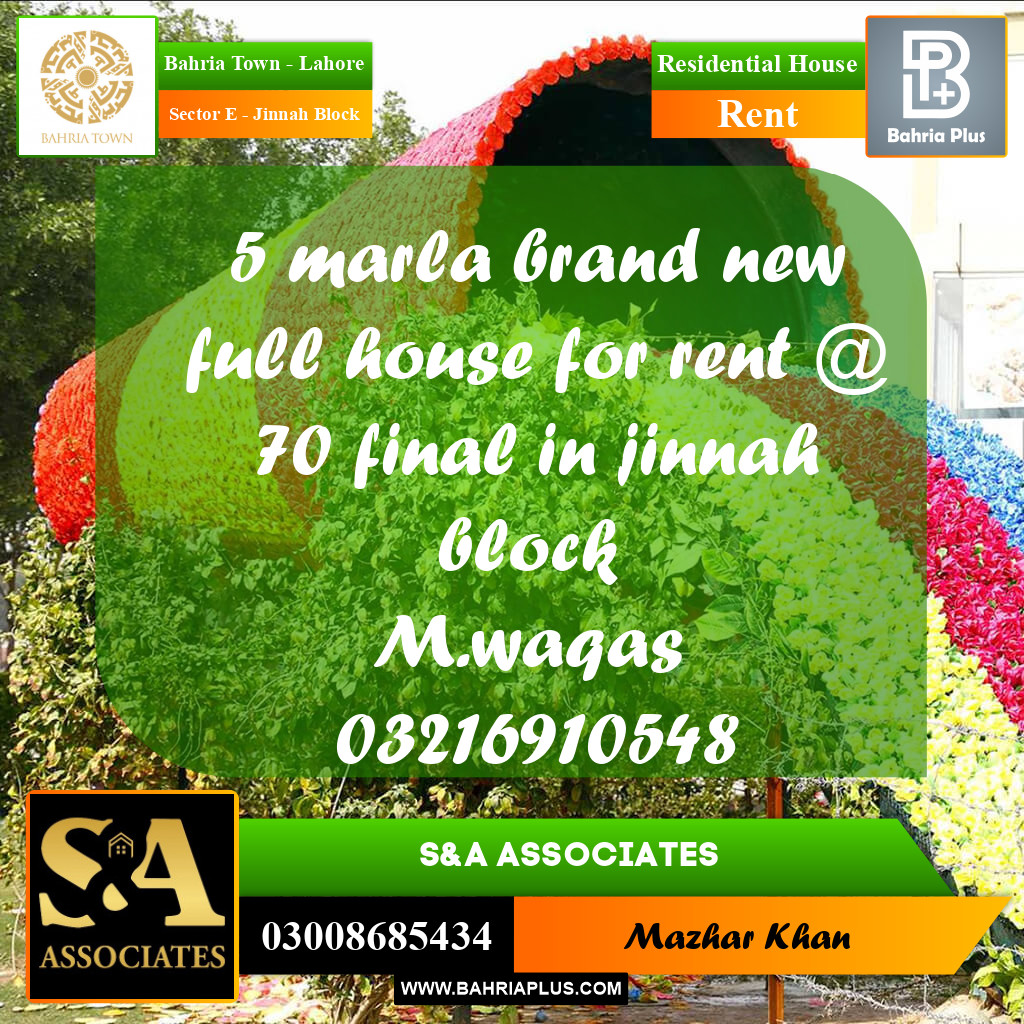 5 Marla Residential House for Rent in Sector E - Jinnah Block -  Bahria Town, Lahore - (BP-326173)