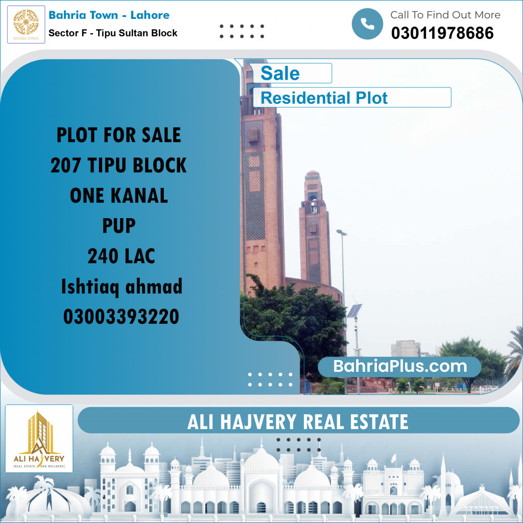 1 Kanal Residential Plot for Sale in Sector F - Tipu Sultan Block -  Bahria Town, Lahore - (BP-328033)