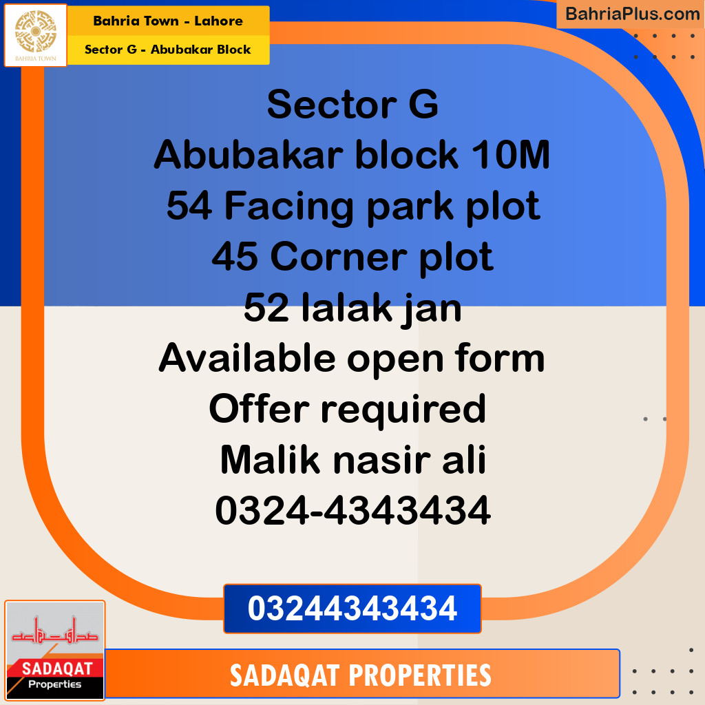 10 Marla Residential Plot for Sale in Sector G - Abubakar Block -  Bahria Town, Lahore - (BP-328059)