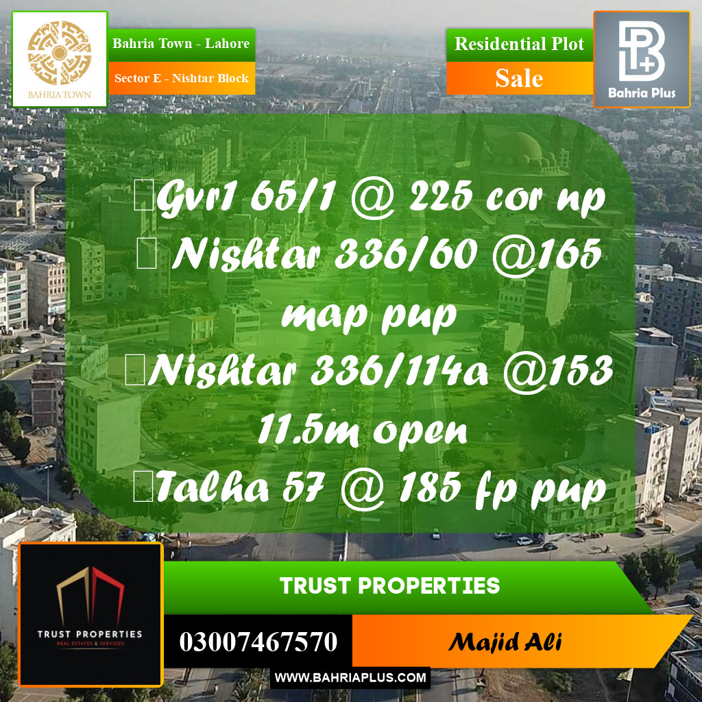 10 Marla Residential Plot for Sale in Sector E - Nishtar Block -  Bahria Town, Lahore - (BP-328853)