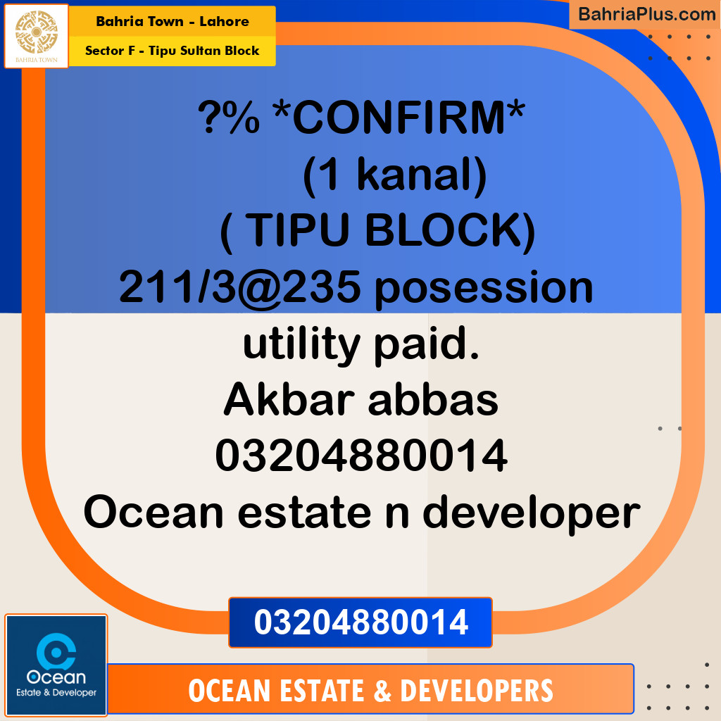 1 Kanal Residential Plot for Sale in Sector F - Tipu Sultan Block -  Bahria Town, Lahore - (BP-328952)