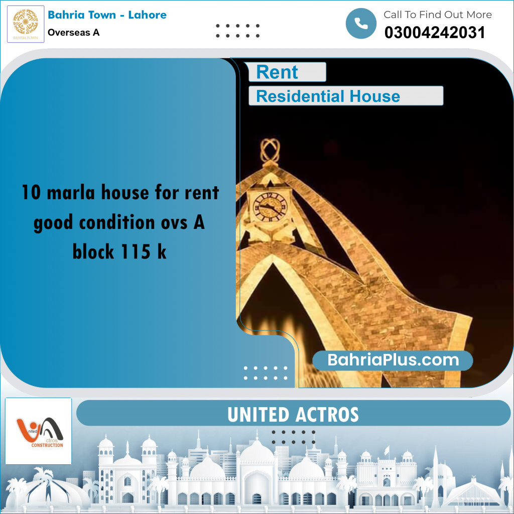 10 Marla Residential House for Rent in Overseas A -  Bahria Town, Lahore - (BP-329041)