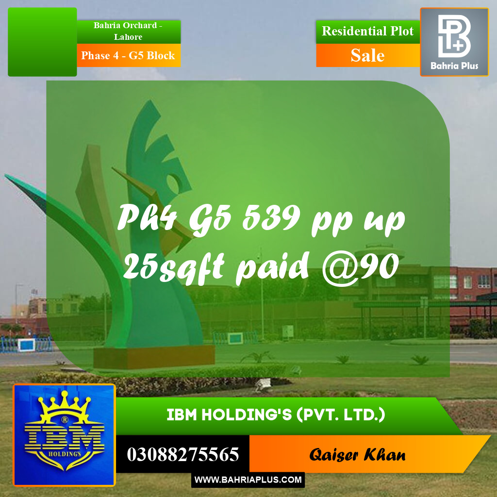 10 Marla Residential Plot for Sale in Phase 4 - G5 Block -  Bahria Orchard, Lahore - (BP-329079)