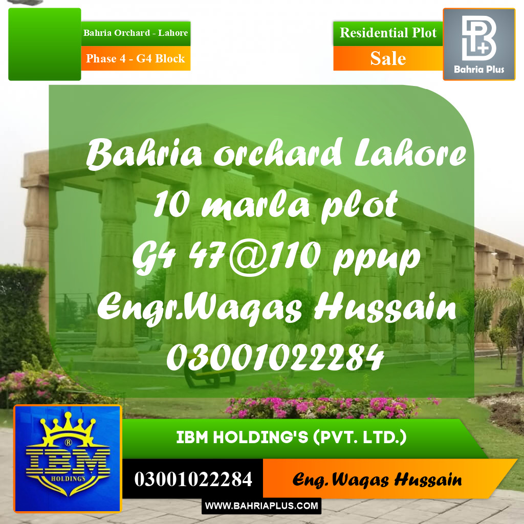 10 Marla Residential Plot for Sale in Phase 4 - G4 Block -  Bahria Orchard, Lahore - (BP-329229)