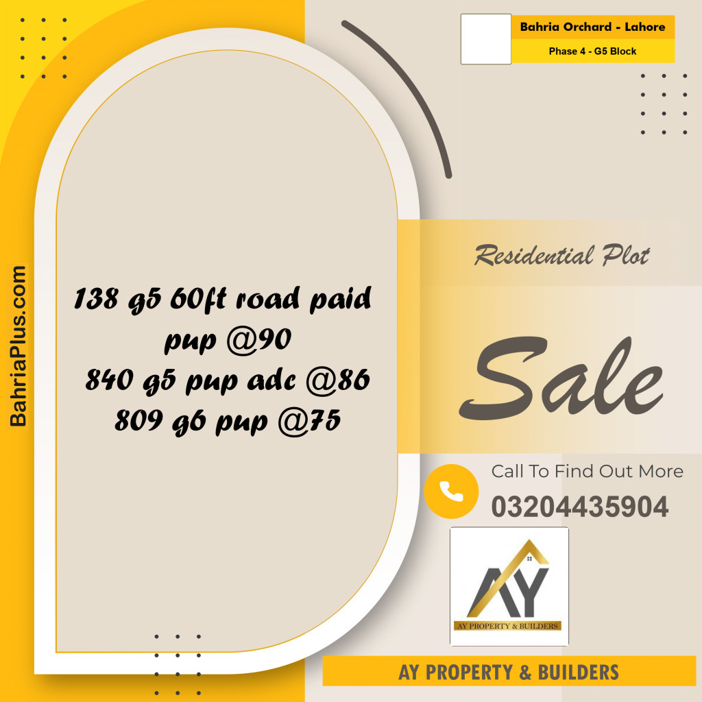 10 Marla Residential Plot for Sale in Phase 4 - G5 Block -  Bahria Orchard, Lahore - (BP-329232)