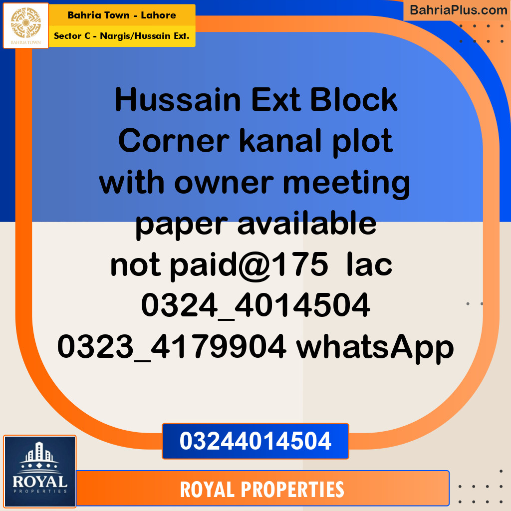 Residential Plot for Sale in Sector C - Nargis/Hussain Ext. -  Bahria Town, Lahore - (BP-329239)