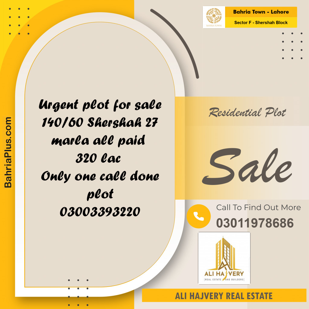 27 Marla Residential Plot for Sale in Sector F - Shershah Block -  Bahria Town, Lahore - (BP-329259)