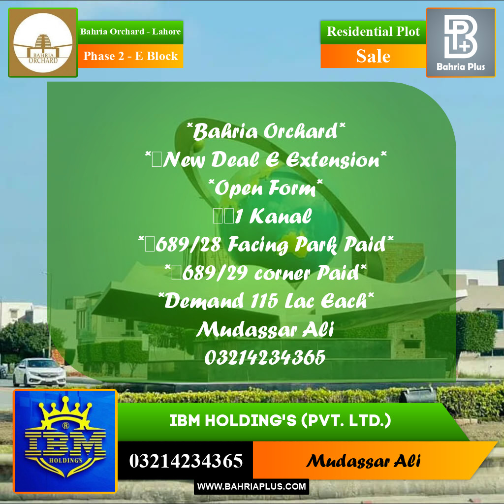 1 Kanal Residential Plot for Sale in Phase 2 - E Block -  Bahria Orchard, Lahore - (BP-329382)