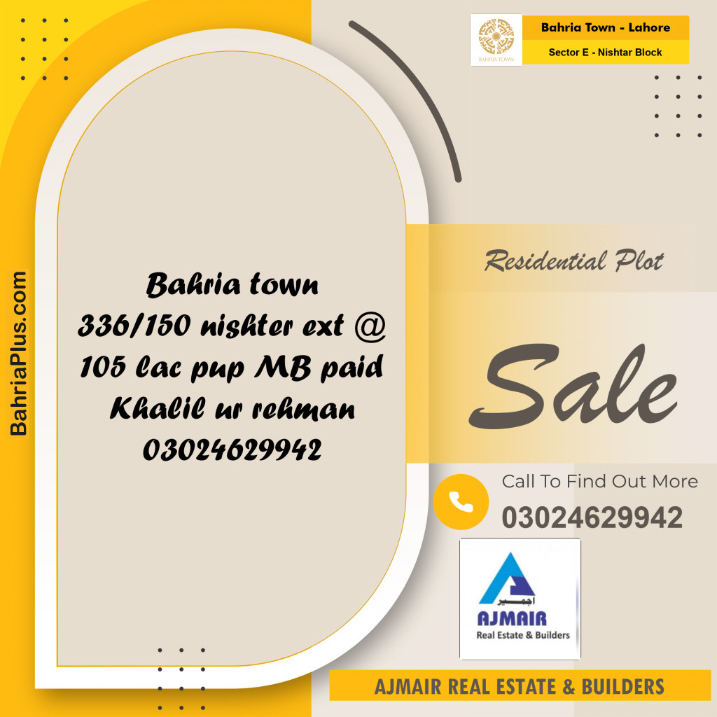 5 Marla Residential Plot for Sale in Sector E - Nishtar Block -  Bahria Town, Lahore - (BP-329463)