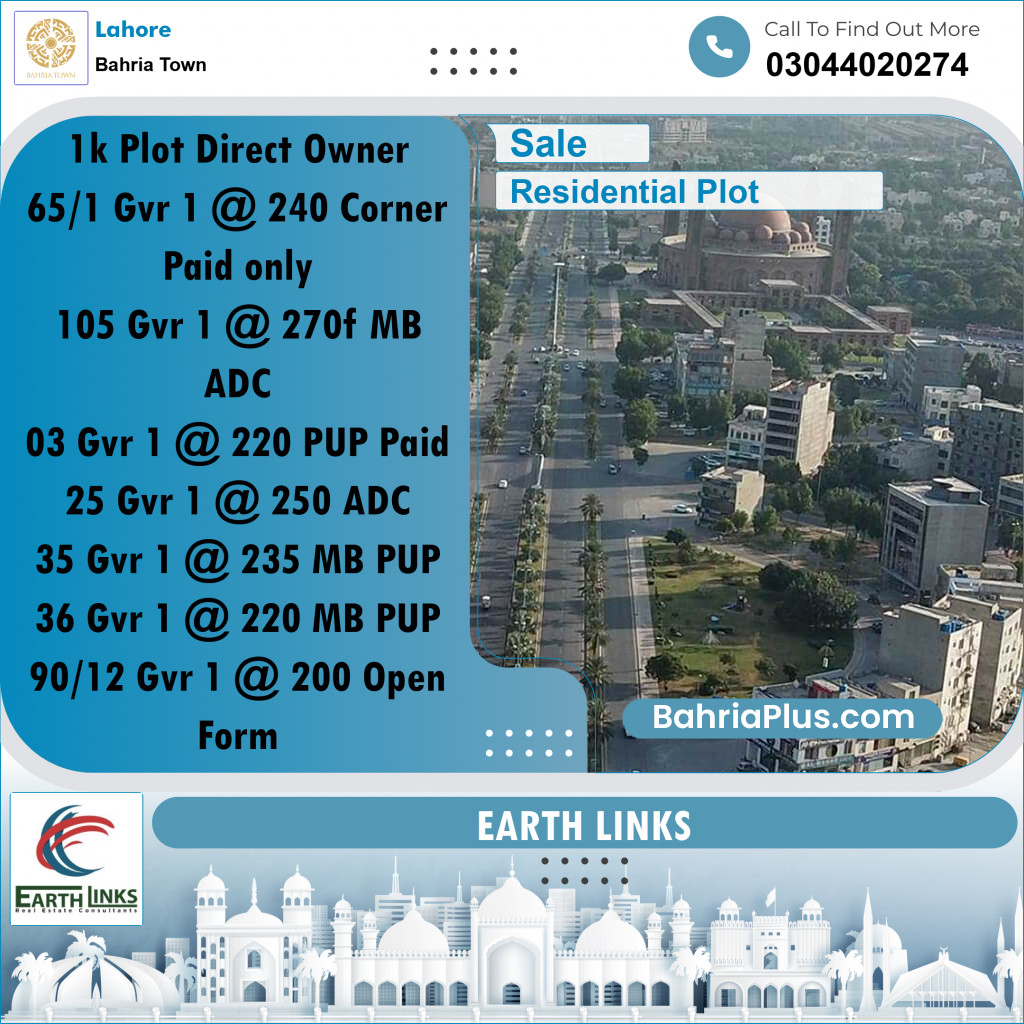 1 Kanal Residential Plot for Sale in Bahria Town, Lahore - (BP-329718)