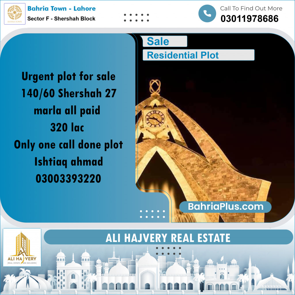 27 Marla Residential Plot for Sale in Sector F - Shershah Block -  Bahria Town, Lahore - (BP-329742)