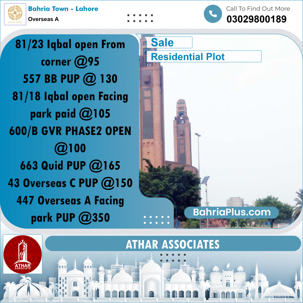 20 Marla Residential Plot for Sale in Overseas A -  Bahria Town, Lahore - (BP-329800)