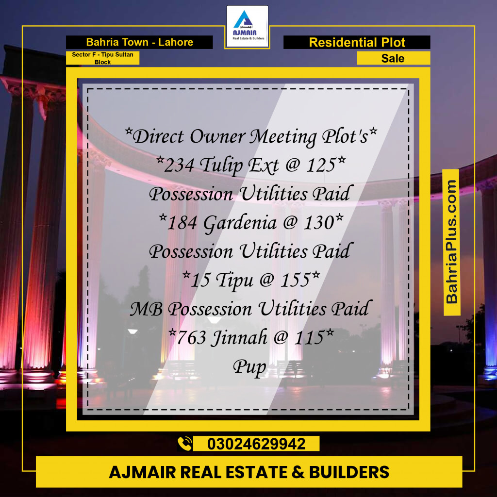 10 Marla Residential Plot for Sale in Sector F - Tipu Sultan Block -  Bahria Town, Lahore - (BP-329924)