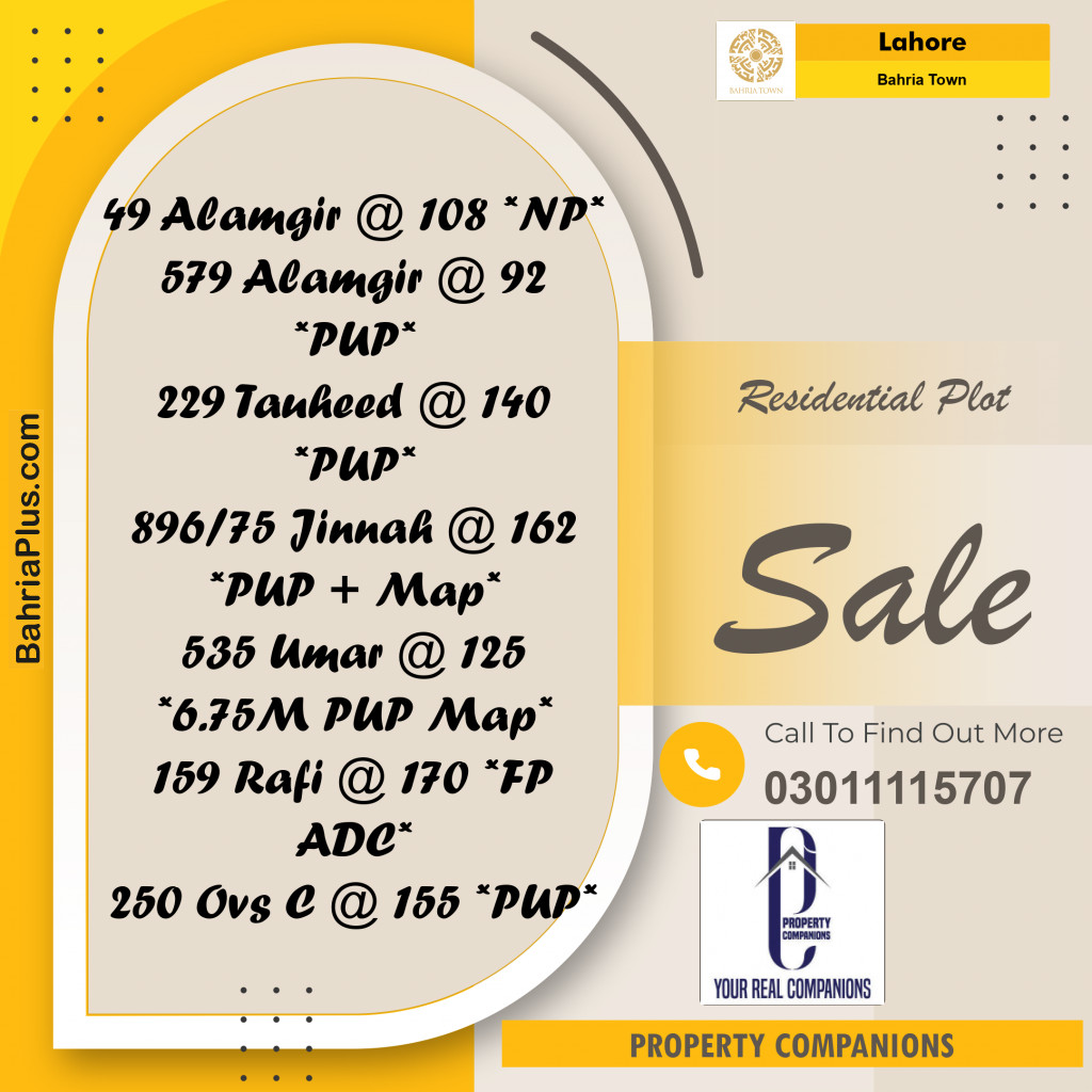 Residential Plot for Sale in Bahria Town, Lahore - (BP-330110)