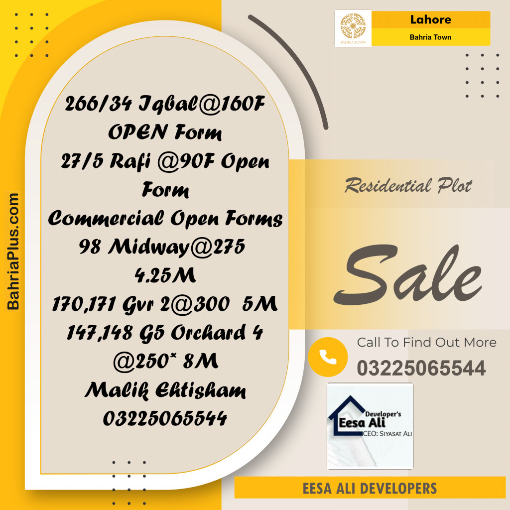 Residential Plot for Sale in Bahria Town, Lahore - (BP-330169)