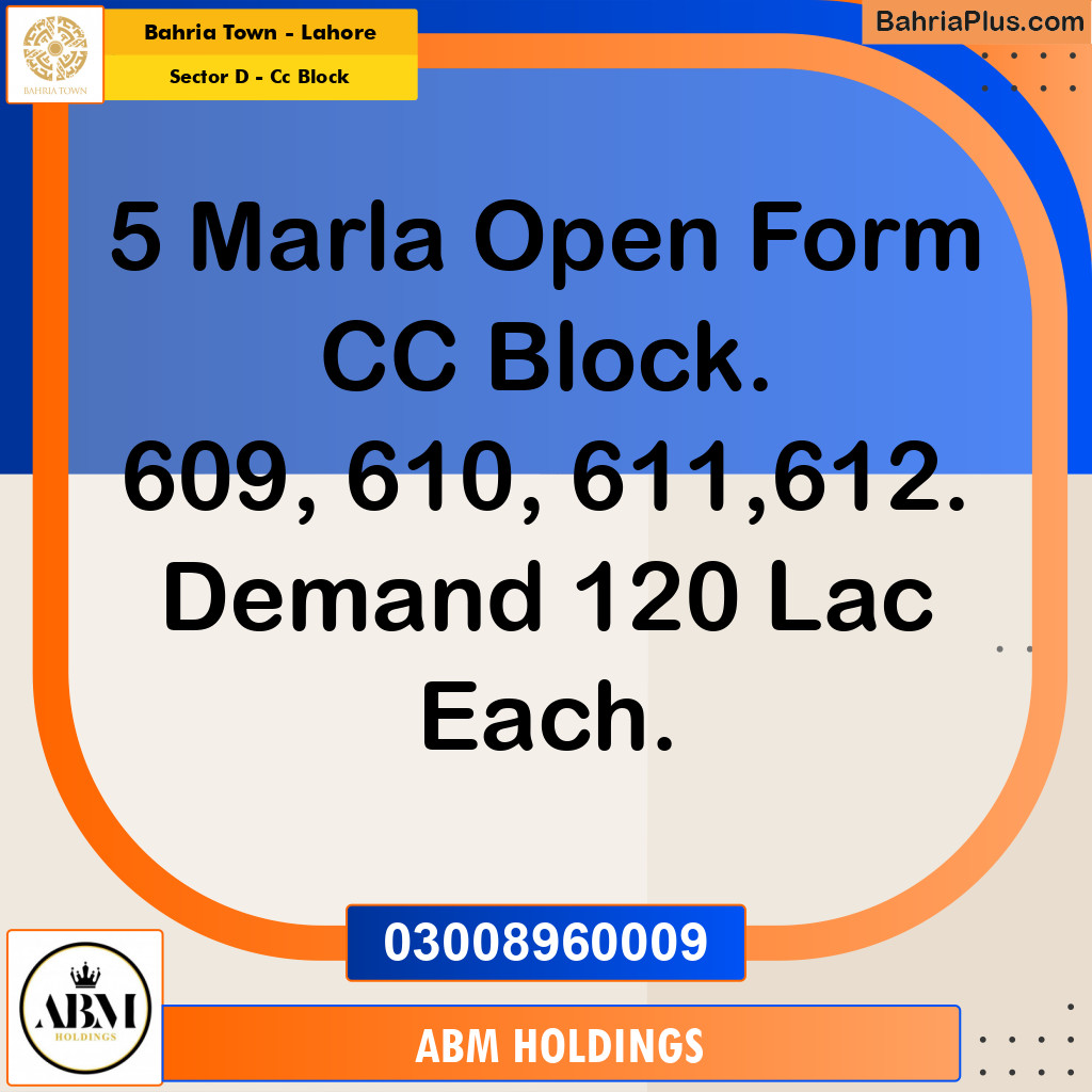5 Marla Residential Plot for Sale in Sector D - CC Block -  Bahria Town, Lahore - (BP-330326)