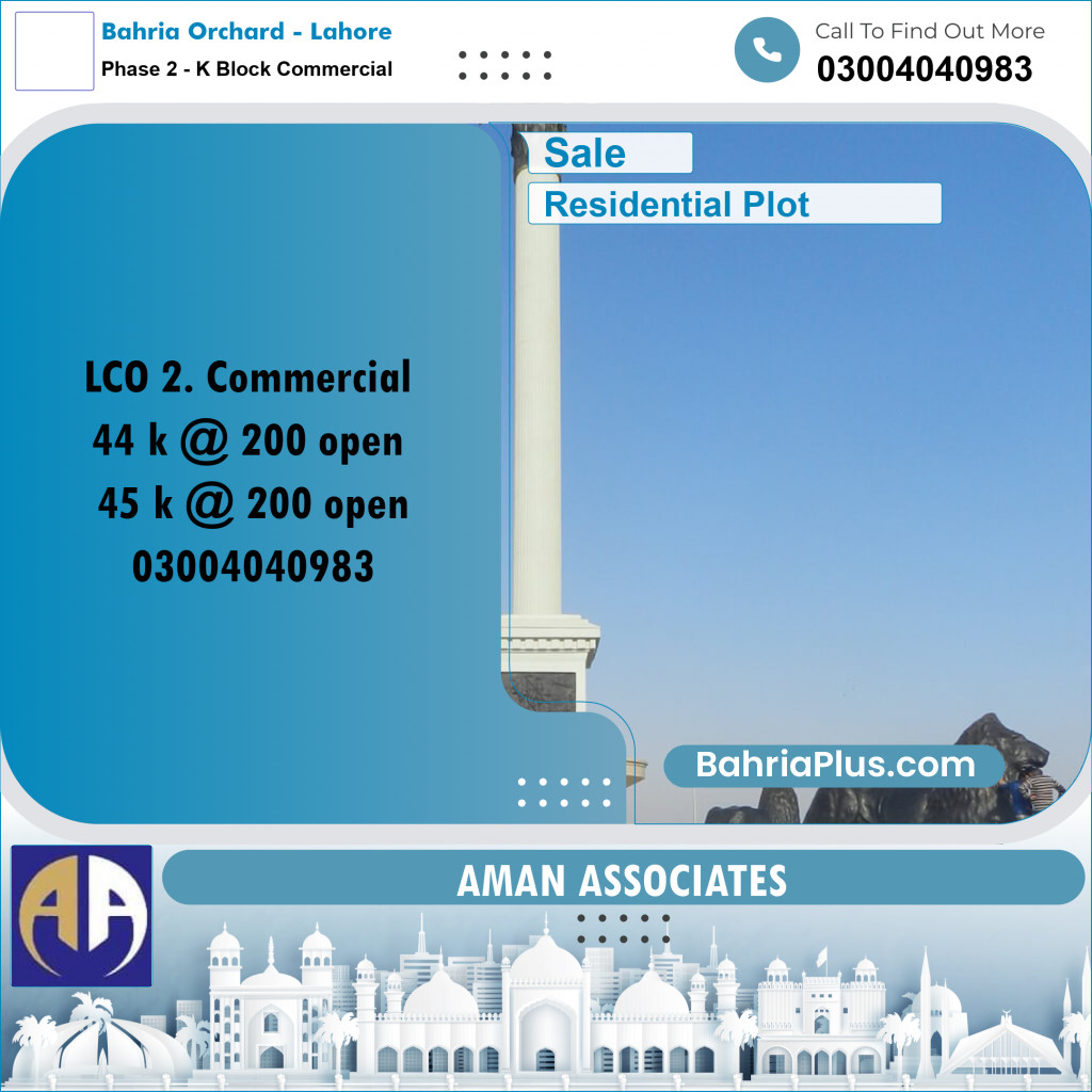 Residential Plot for Sale in Phase 2 - K Block Commercial -  Bahria Orchard, Lahore - (BP-330330)