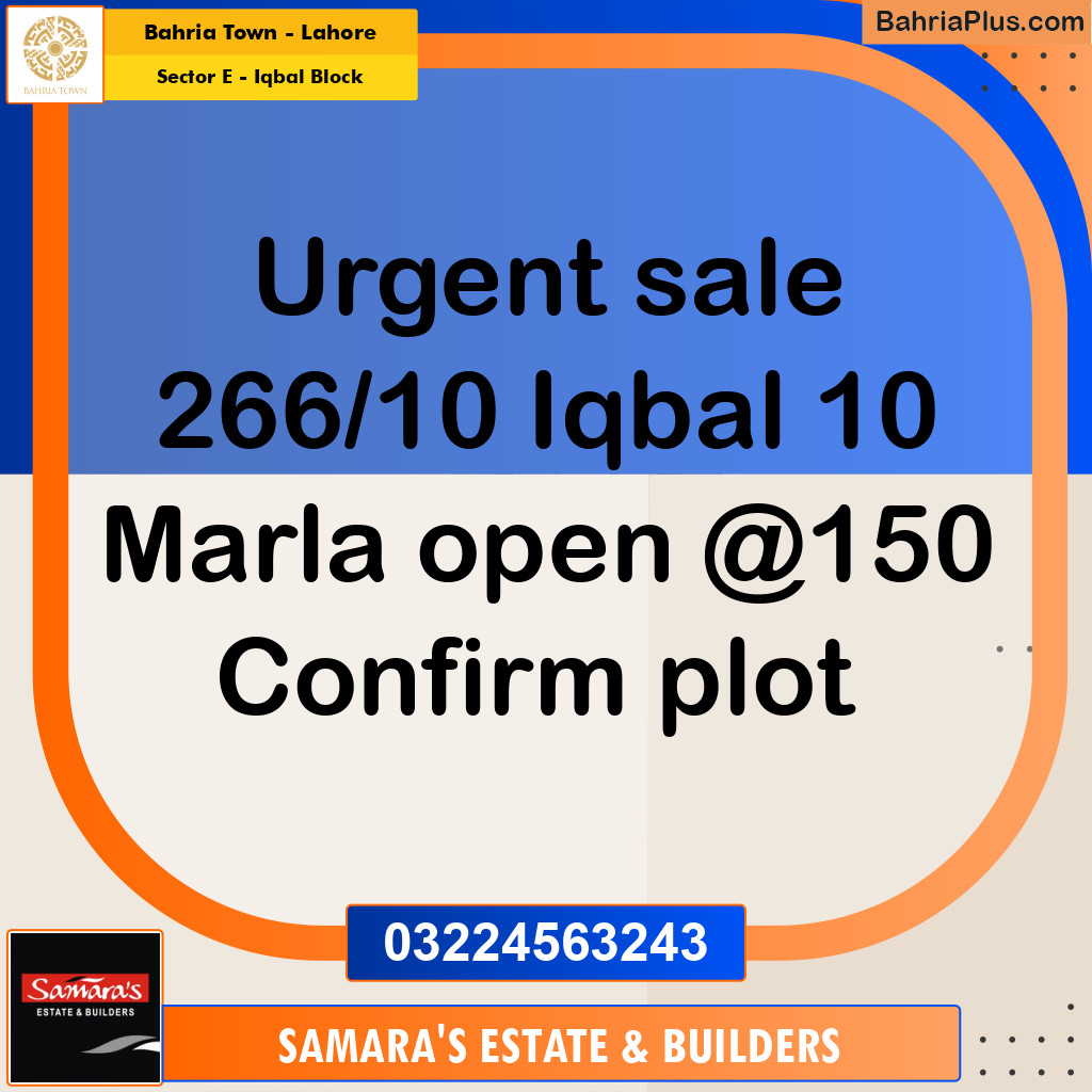 10 Marla Residential Plot for Sale in Sector E - Iqbal Block -  Bahria Town, Lahore - (BP-330347)