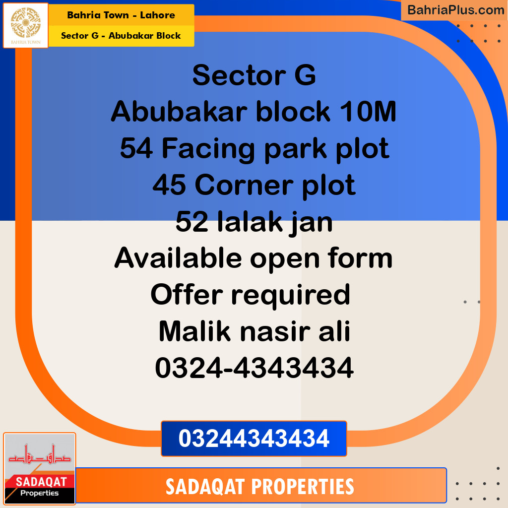 10 Marla Residential Plot for Sale in Sector G - Abubakar Block -  Bahria Town, Lahore - (BP-330403)