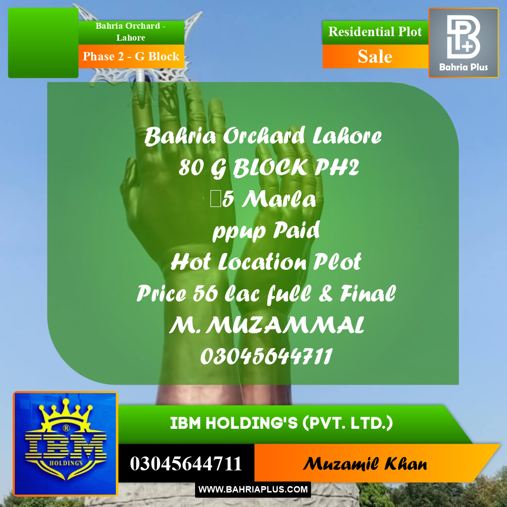 5 Marla Residential Plot for Sale in Phase 2 - G Block -  Bahria Orchard, Lahore - (BP-330458)