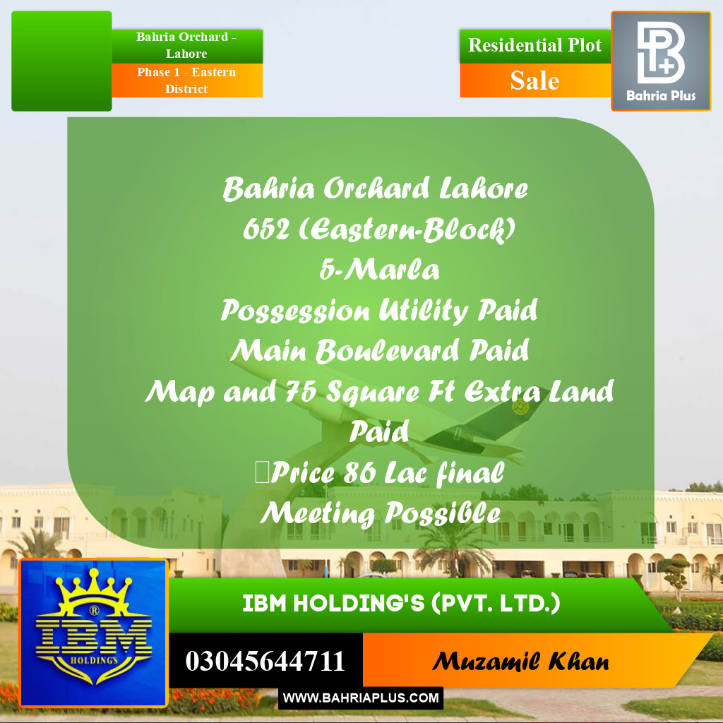 5 Marla Residential Plot for Sale in Phase 1 - Eastern District -  Bahria Orchard, Lahore - (BP-330459)