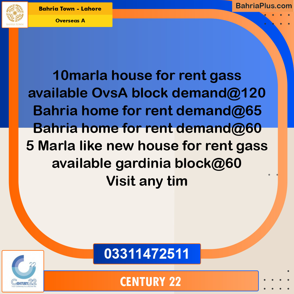 10 Marla Residential House for Rent in Overseas A -  Bahria Town, Lahore - (BP-330641)