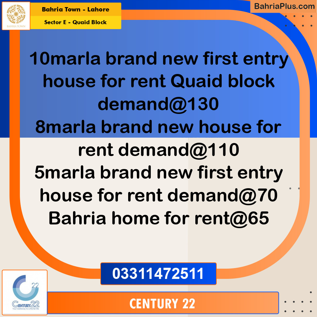 10 Marla Residential House for Rent in Sector E - Quaid Block -  Bahria Town, Lahore - (BP-330650)