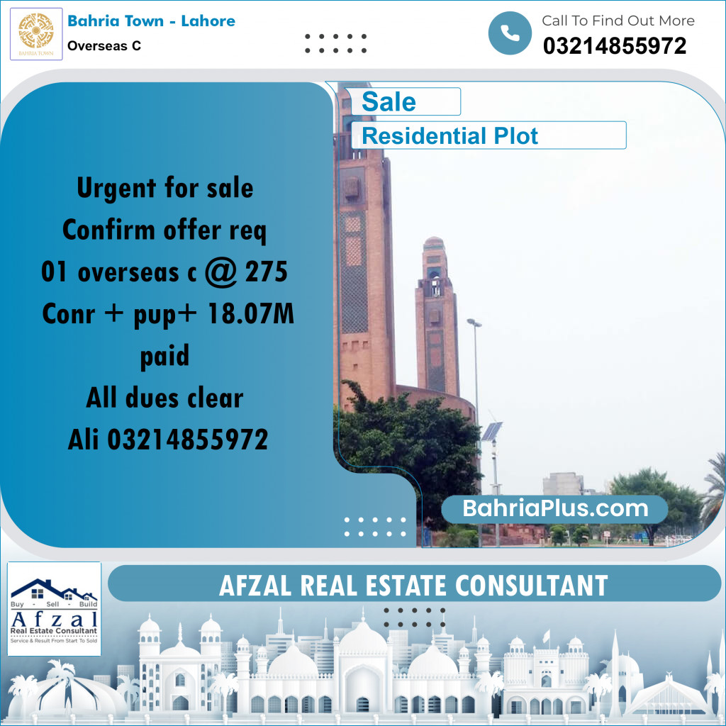 18 Marla Residential Plot for Sale in Overseas C -  Bahria Town, Lahore - (BP-330722)