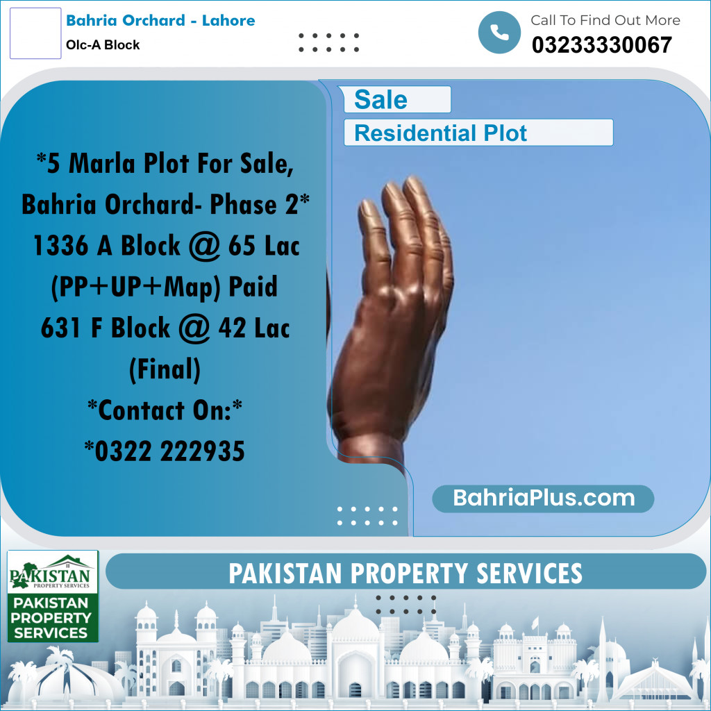 5 Marla Residential Plot for Sale in OLC-A Block -  Bahria Orchard, Lahore - (BP-330862)